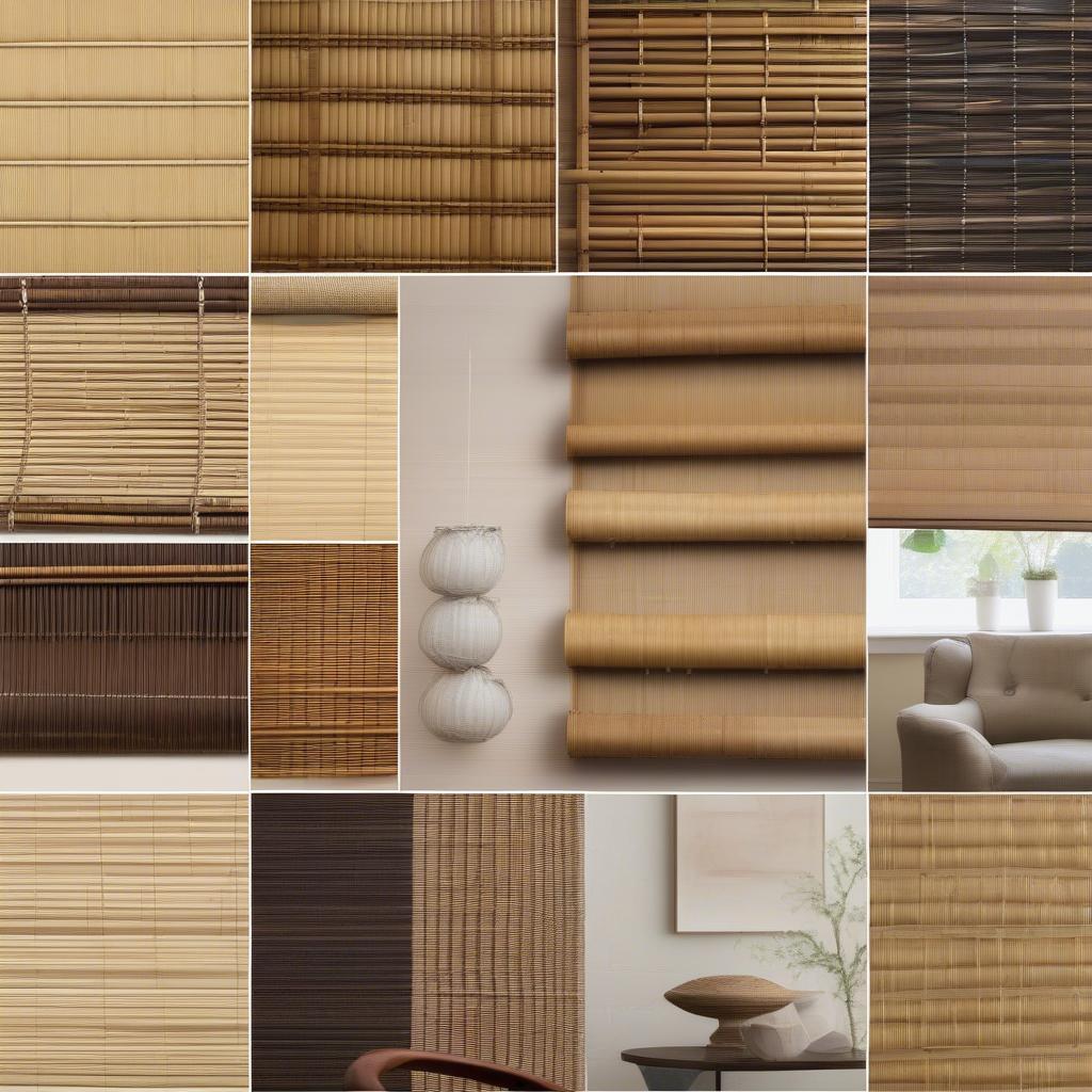 Variety of bamboo wicker blinds showcasing different colors, weaves, and styles.