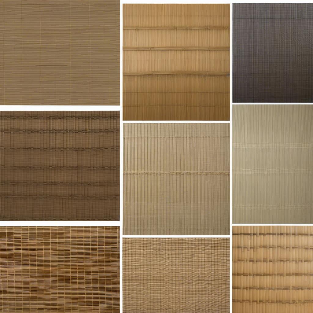 Various styles of bamboo wicker roller blinds showcasing different weave patterns and colors.