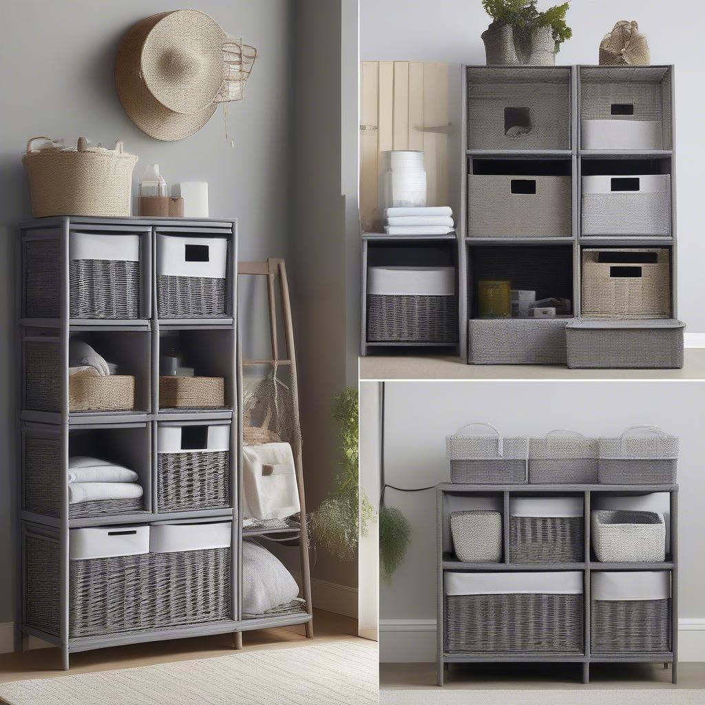 Different styles of grey wicker basket storage units