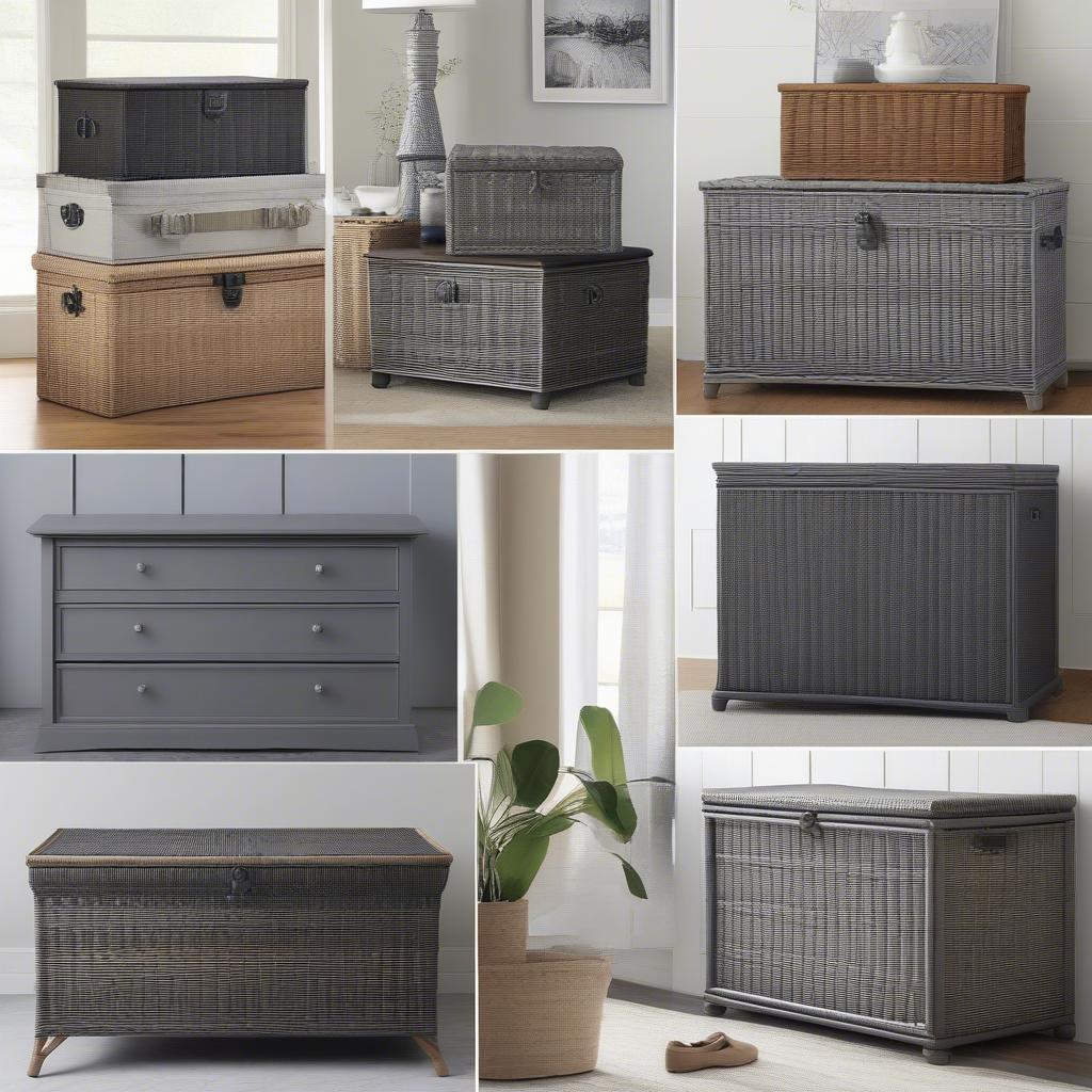 Various styles of grey wicker storage chests