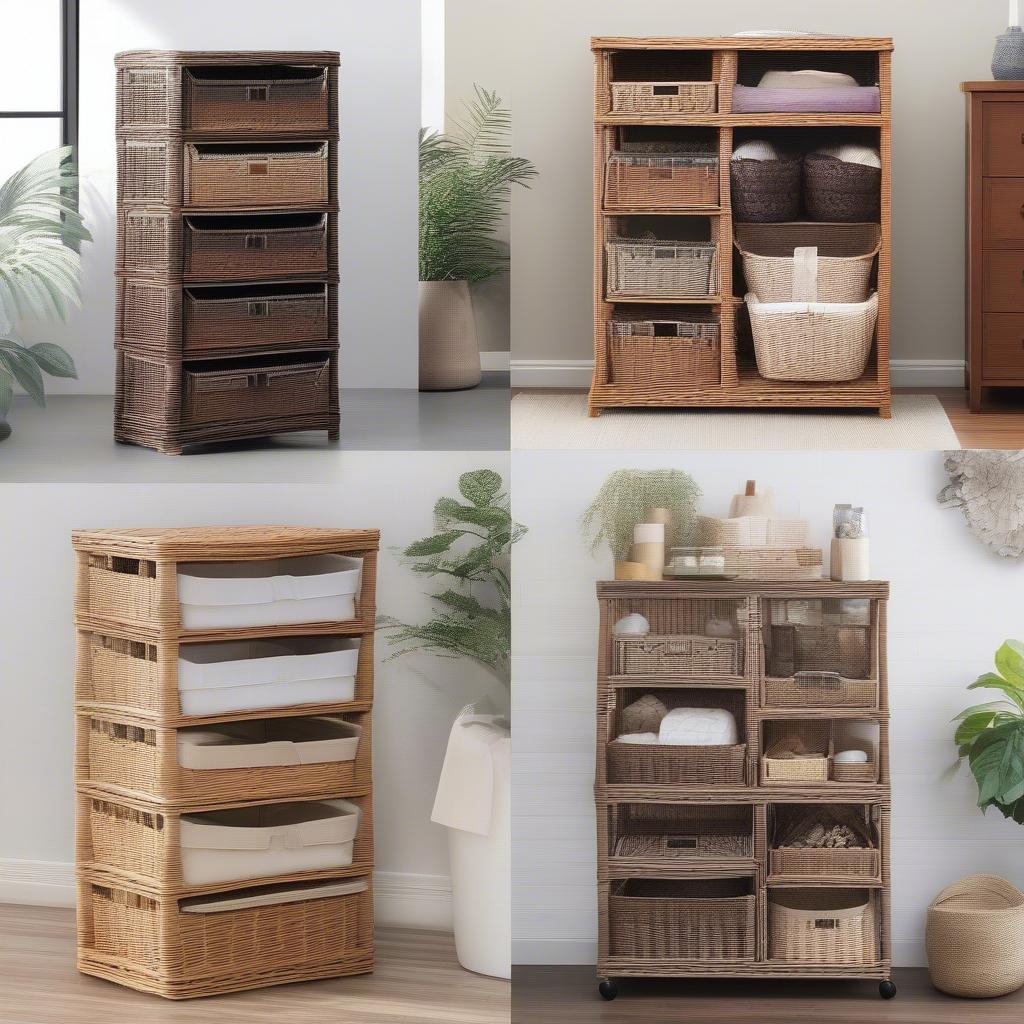 Different Styles of 5 Wicker Basket Storage Towers