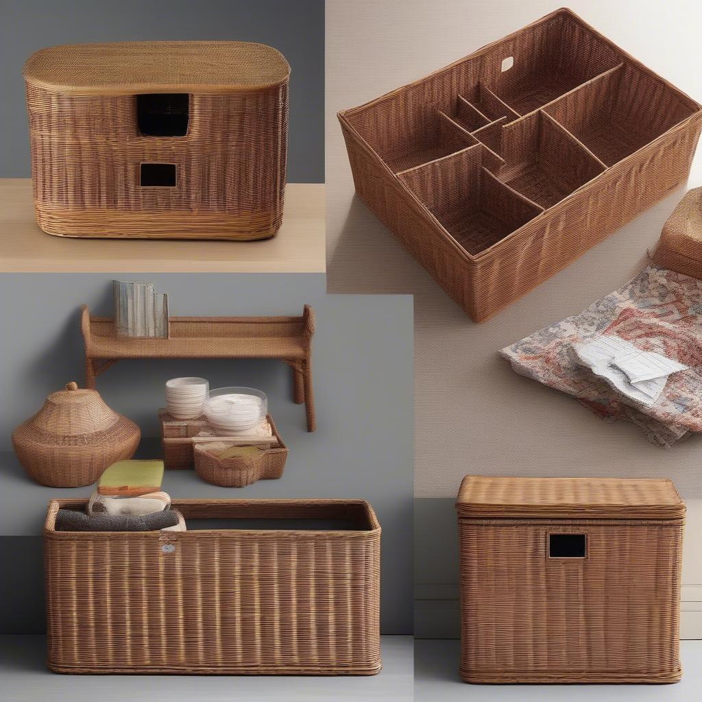 A variety of all-weather wicker storage solutions in different styles, including boxes, benches, and tables.