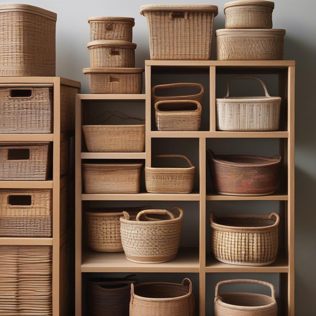 A variety of small wicker storage tower baskets in different styles, shapes, and sizes, showcasing the diverse options available to suit various needs and preferences.