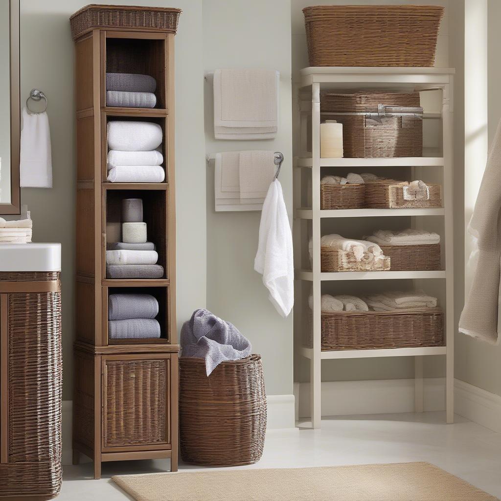 Different styles of wicker bathroom sink storage towers showcasing varying design elements, finishes, and overall aesthetics.