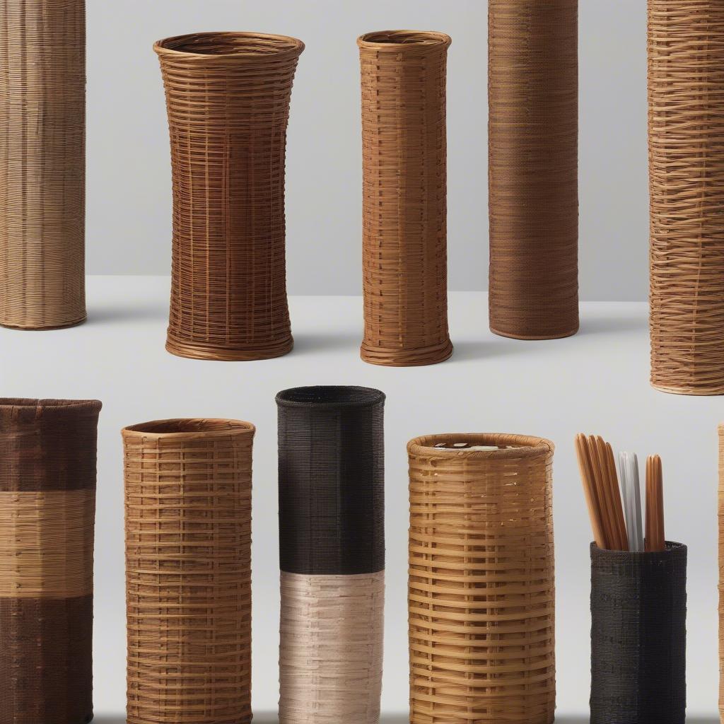 Variety of wicker pen holders showcasing different shapes, sizes, and weaving patterns.