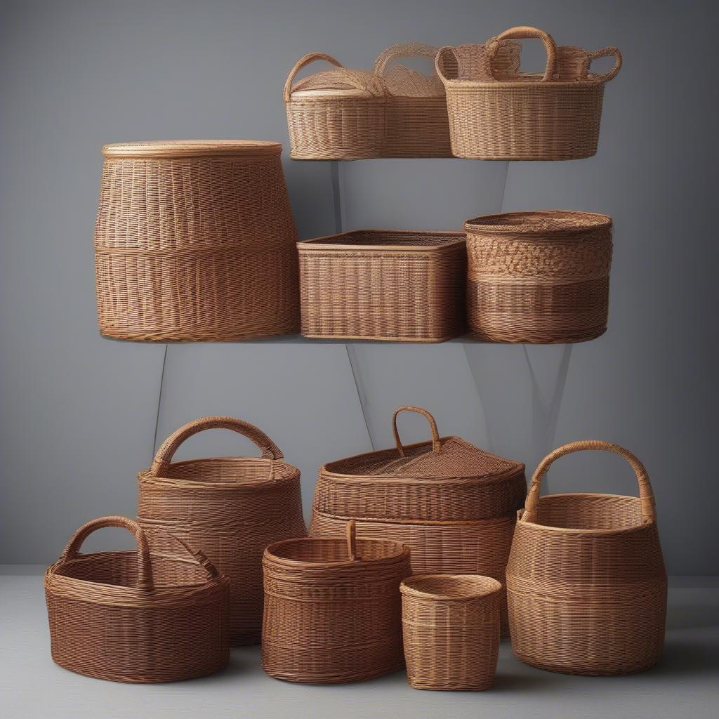 Different styles of stackable wicker baskets