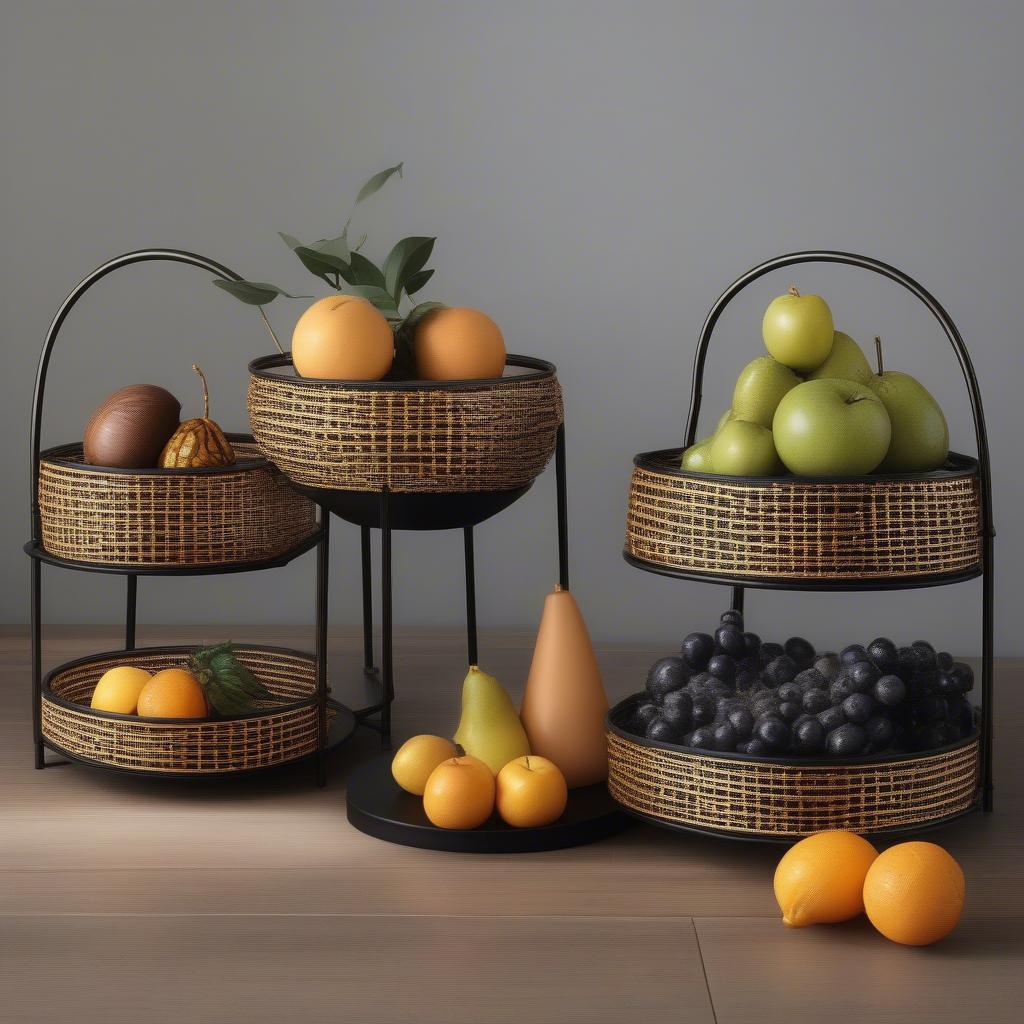 Different Styles of Two Tiered Wicker and Metal Fruit Holders