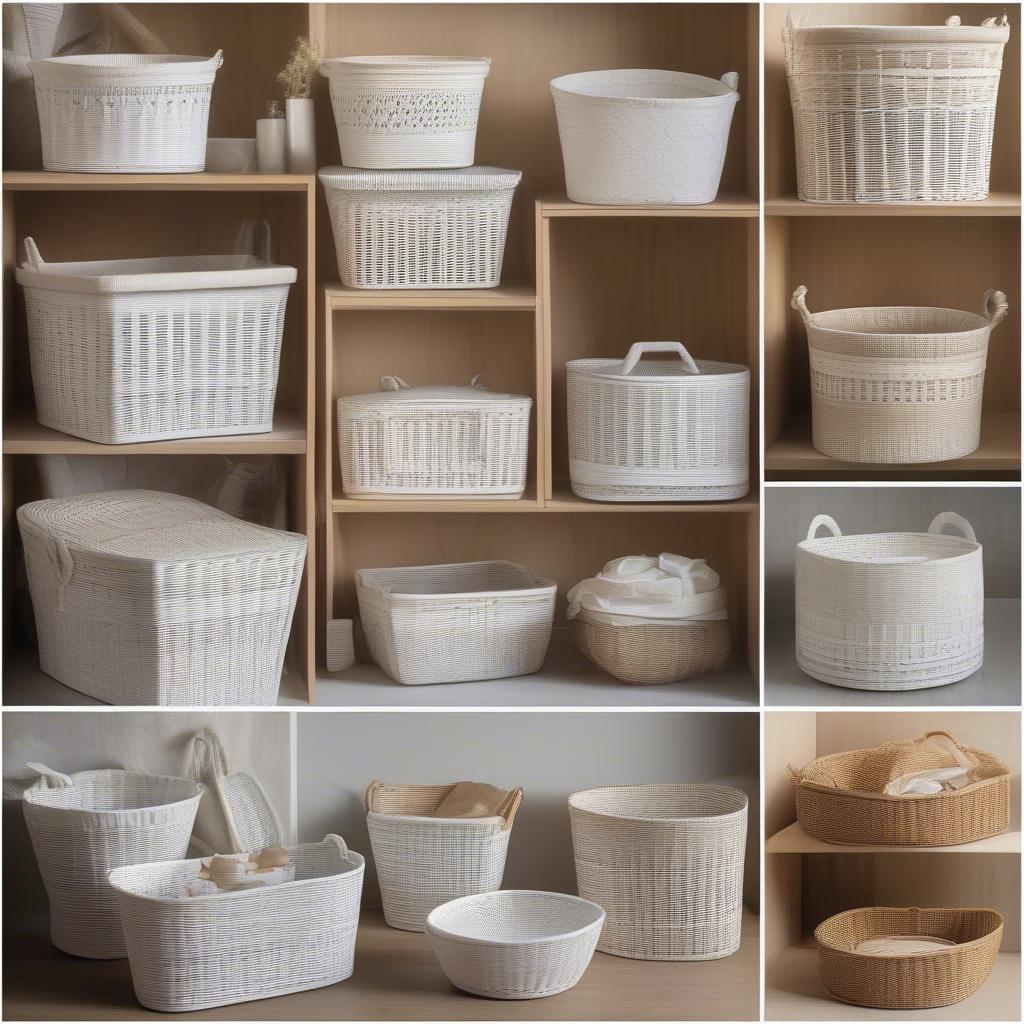 Various styles of white wicker storage baskets, including round, square, and rectangular shapes with different weave patterns.