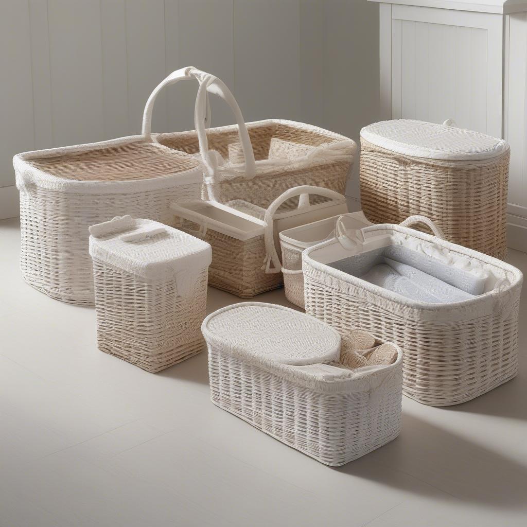 Various styles of white wicker baskets for bathroom storage