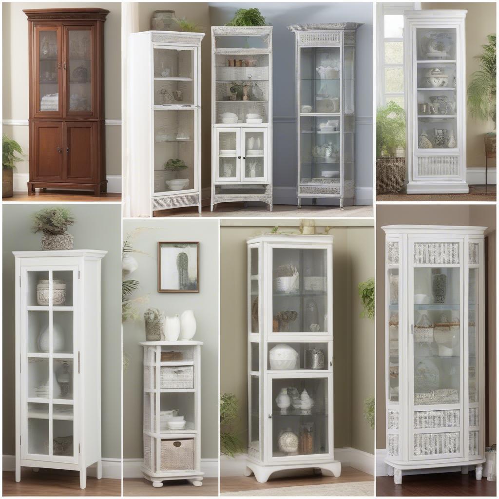 Various styles of white wicker curio cabinets, showcasing different sizes, designs, and functionalities.