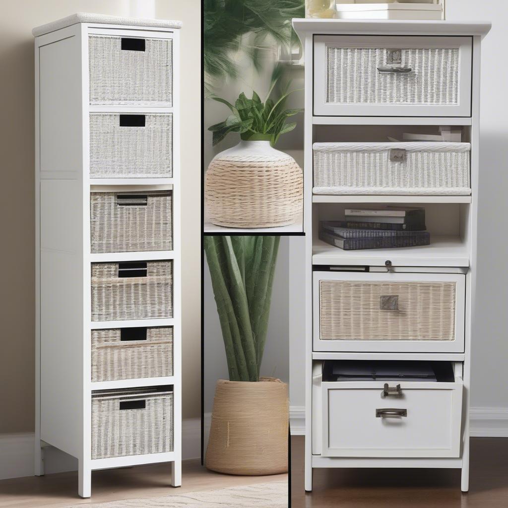 Various styles of white wicker filing cabinets