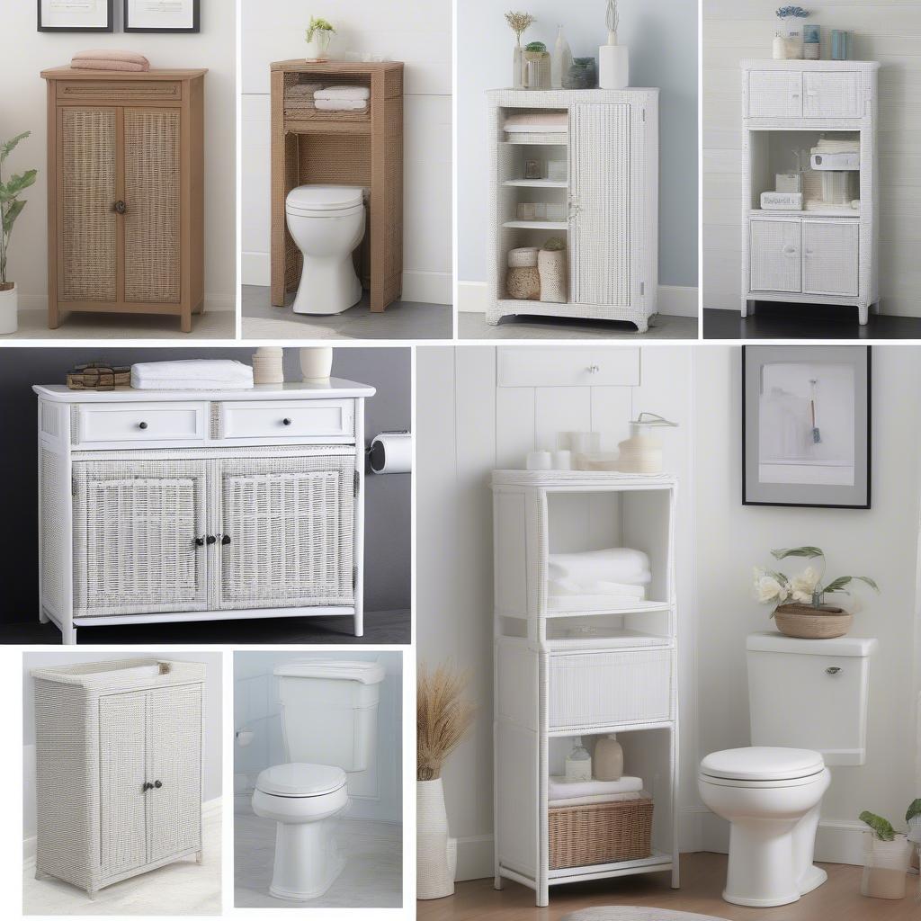 Various styles of white wicker over the toilet cabinets