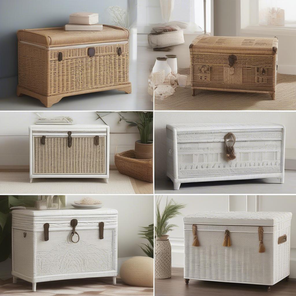 Various styles of white wicker storage chests