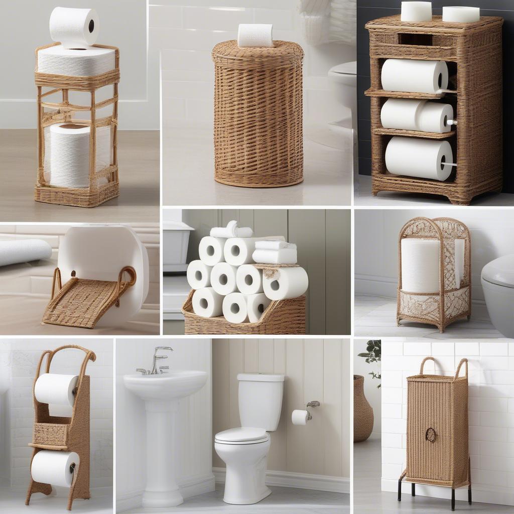 Various styles of white wicker toilet paper holders