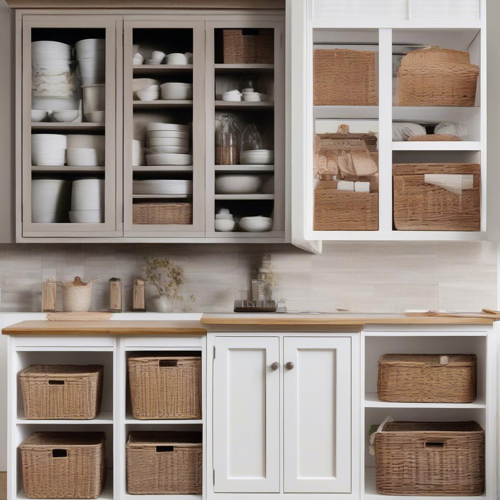 Different Styles of White Wooden Cabinets with Wicker Baskets