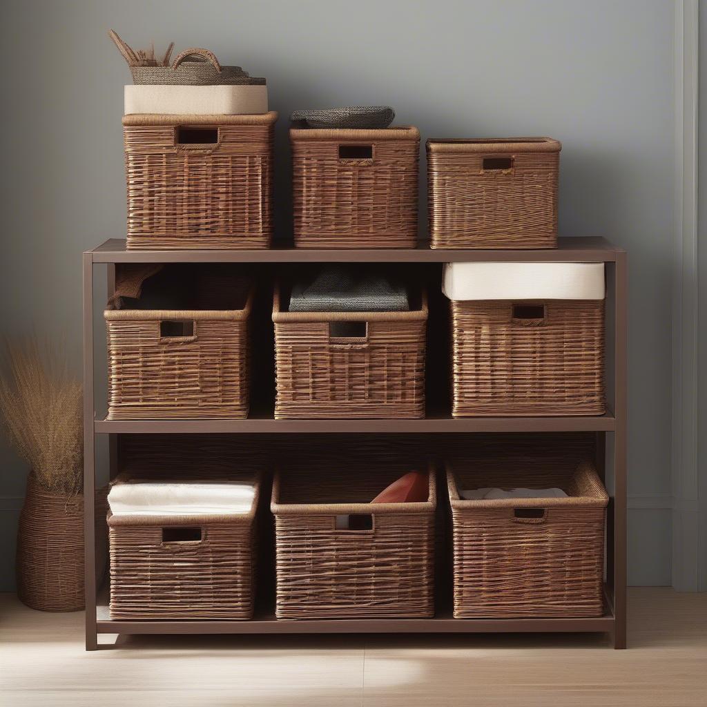 Different styles of wicker storage bins, showcasing variations in weave patterns and colors.