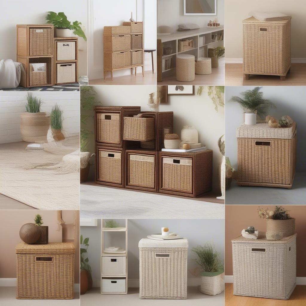 Various styles of wicker cube storage units, showcasing different colors, sizes, and designs.