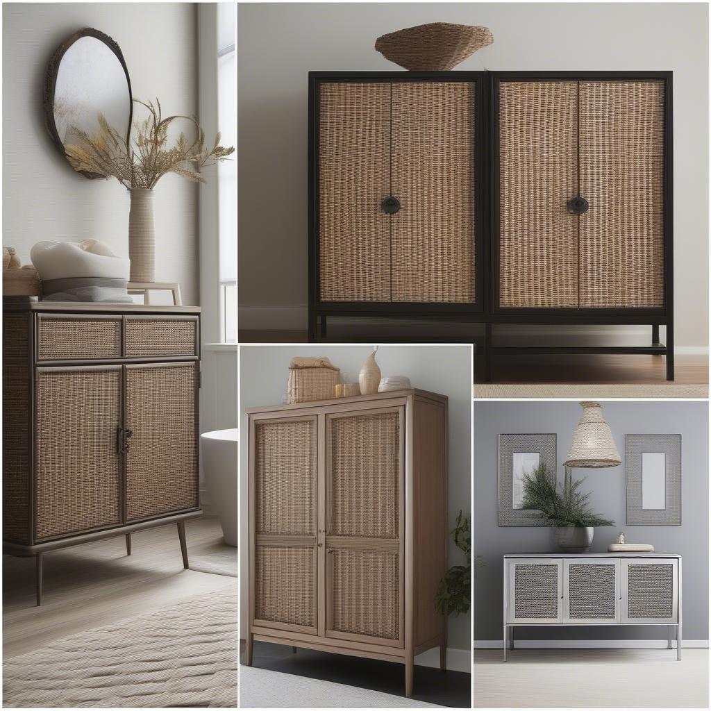 Various styles of wicker and iron cabinets showcased in different room settings