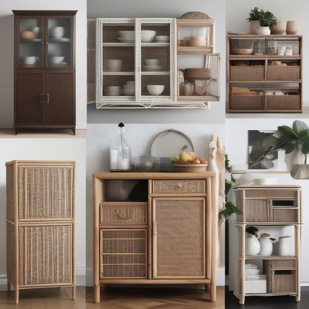 Different styles of wicker kitchen cabinets showcased, ranging from traditional to modern designs, highlighting various colors, weaves, and features like glass doors or decorative accents.