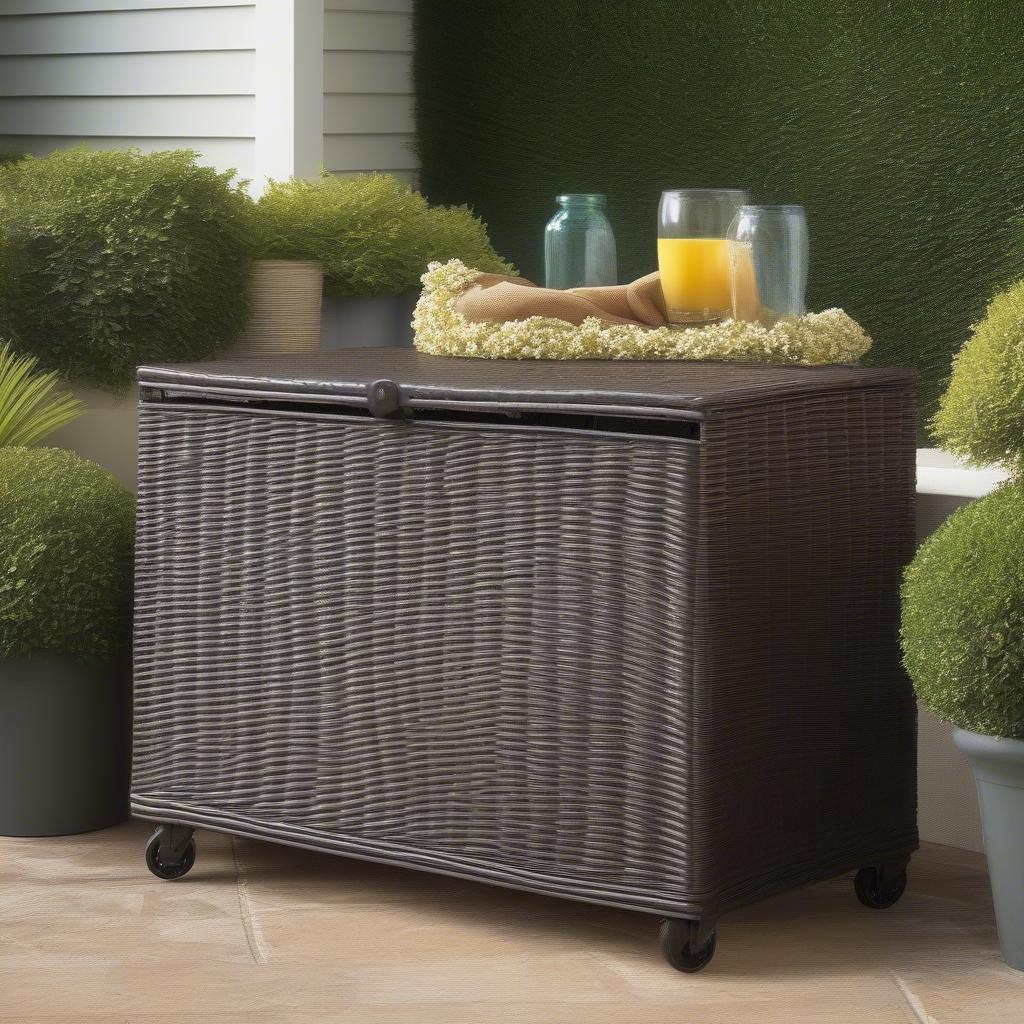 Variety of styles and sizes of wicker resin outdoor storage bins with table tops.