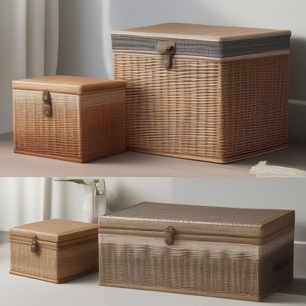 Various styles of wicker storage boxes showcasing different shapes, sizes, and colors, suitable for diverse outdoor settings.