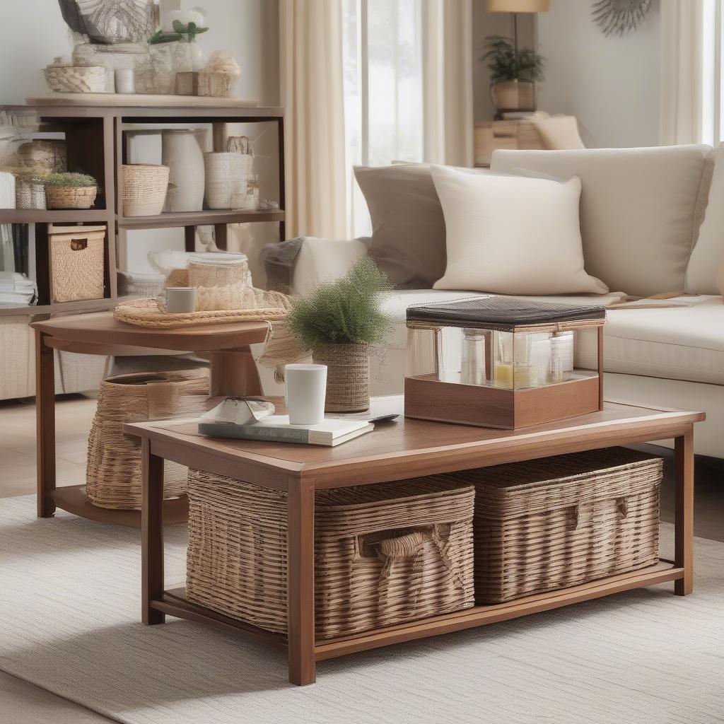 Various styles of coffee tables with wicker storage baskets, showcasing different designs, materials, and sizes.