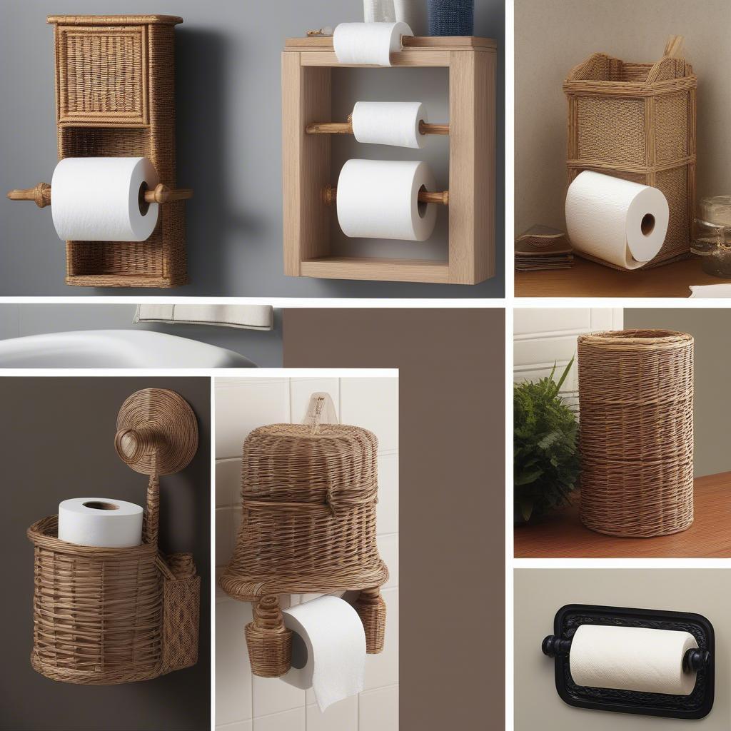 Various styles of wicker toilet paper holders, showcasing different designs and sizes.