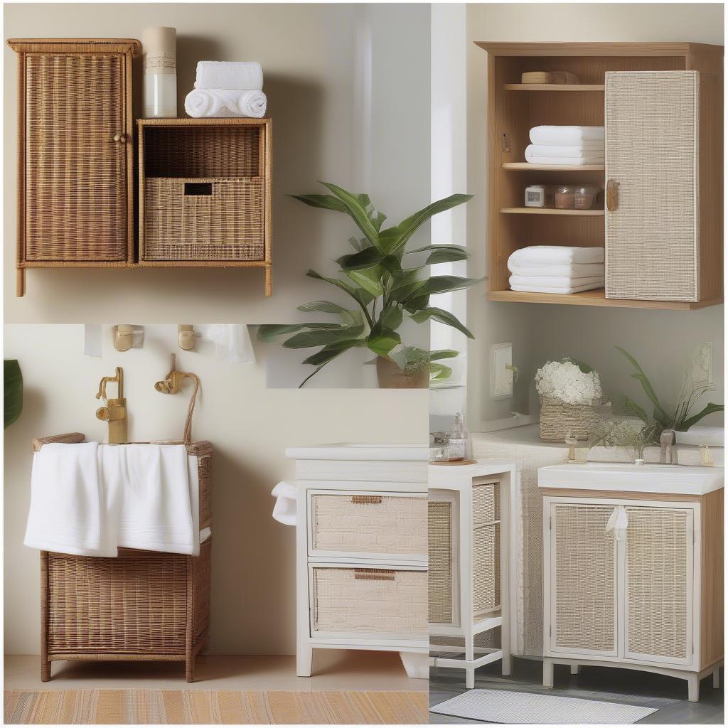 Various styles of wicker wall cabinets with towel bars, showcasing different sizes, colors, and designs.