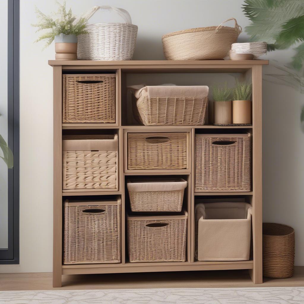 Various styles of wooden storage units with wicker baskets