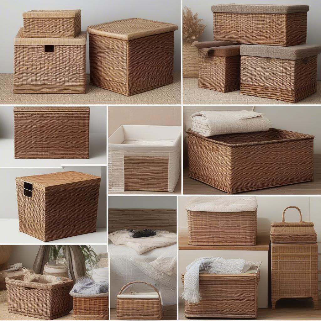 Variety of lined wicker storage boxes showcasing different materials, sizes, shapes, and liner types.