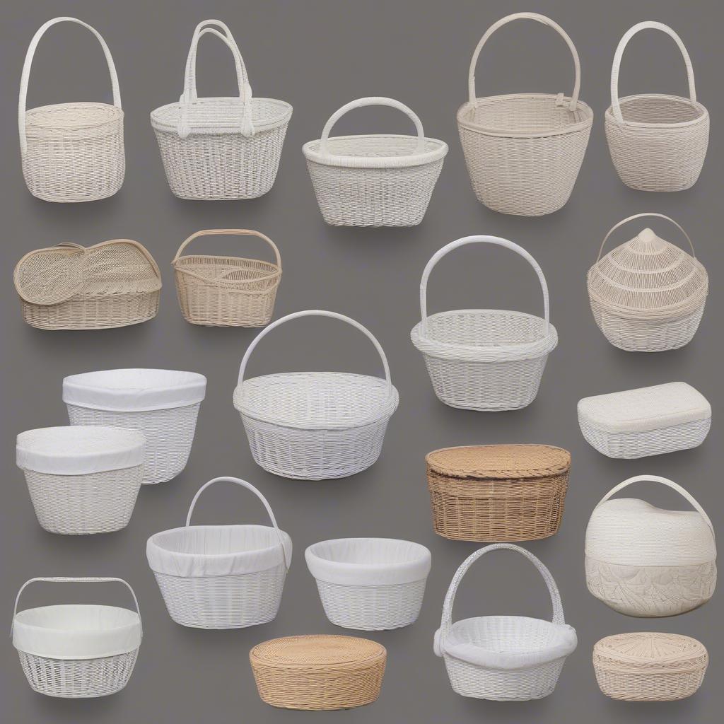 Different types of white wicker baskets available for storage