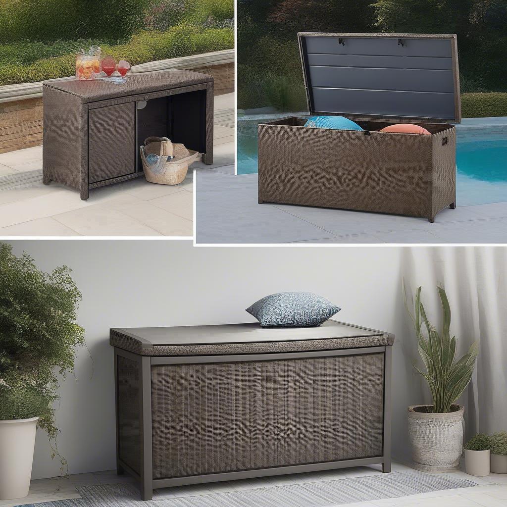 Different types of resin wicker storage solutions, including boxes, benches, and cabinets.