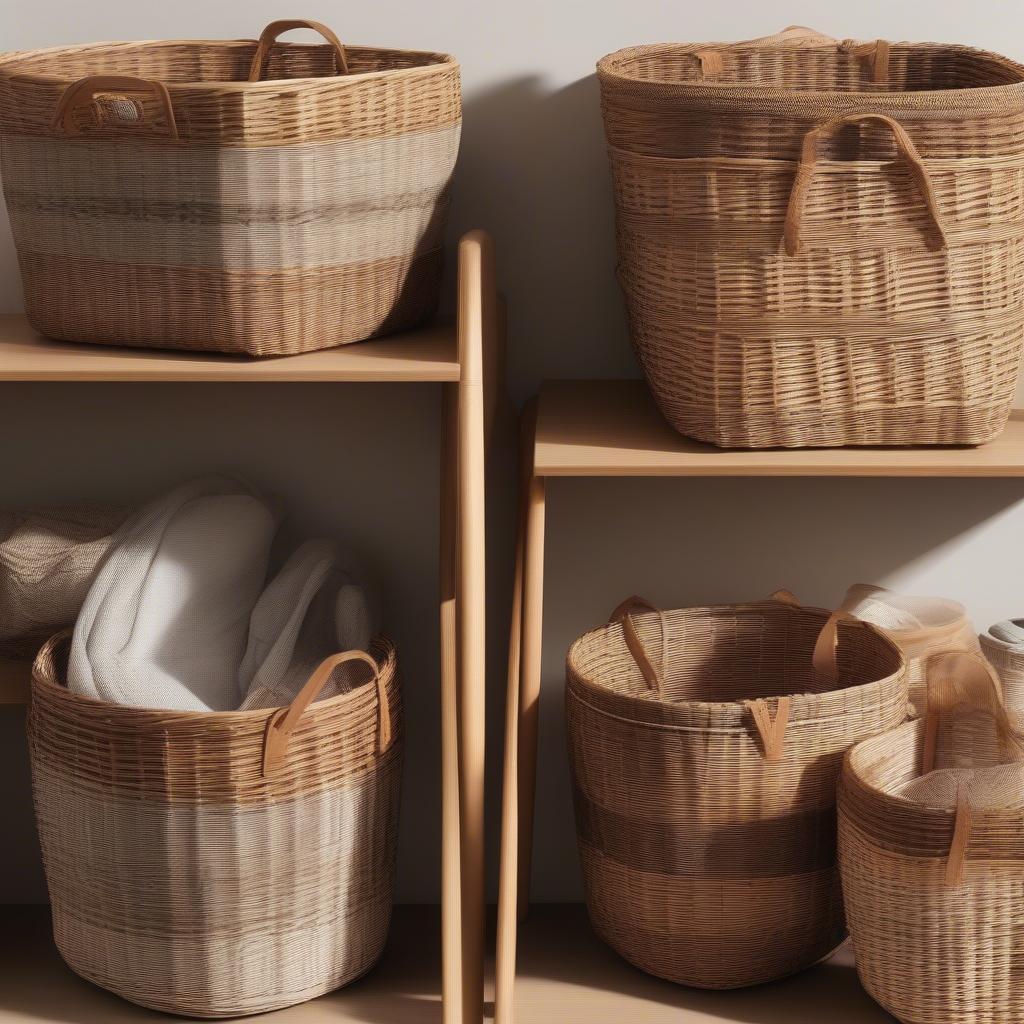 Various types of wicker storage baskets, showcasing different weaves, materials, and sizes.