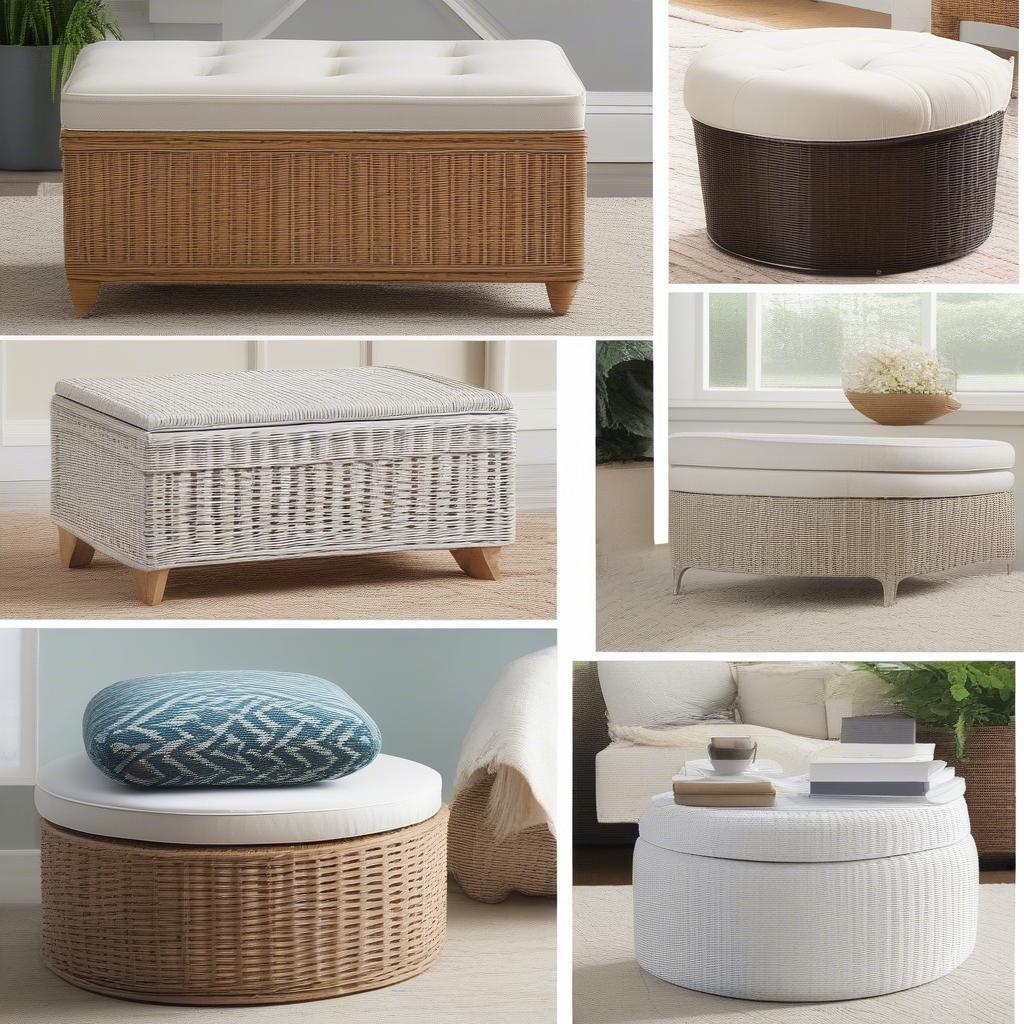 Various styles of white wicker storage ottomans