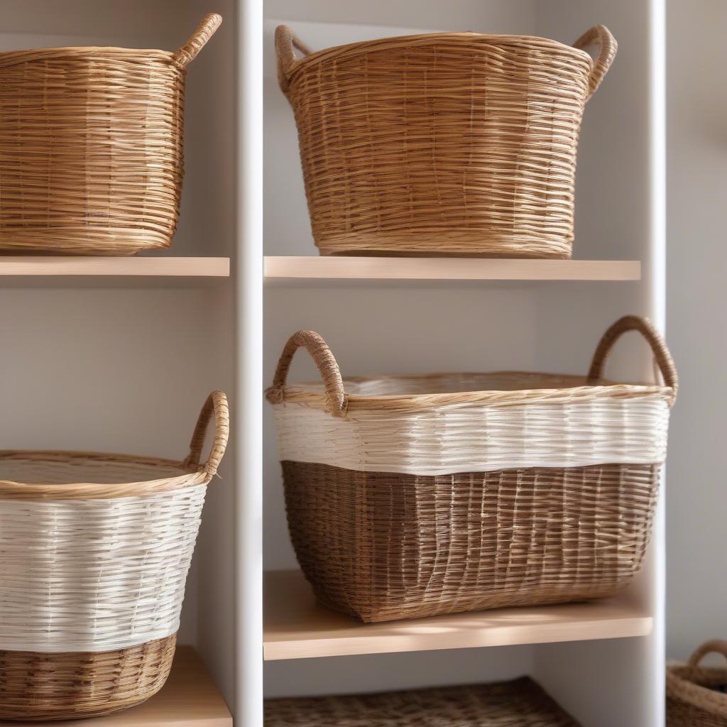 Various wicker basket materials, including rattan, willow, and seagrass, displayed on shelves, showcasing their unique textures and weaving patterns.