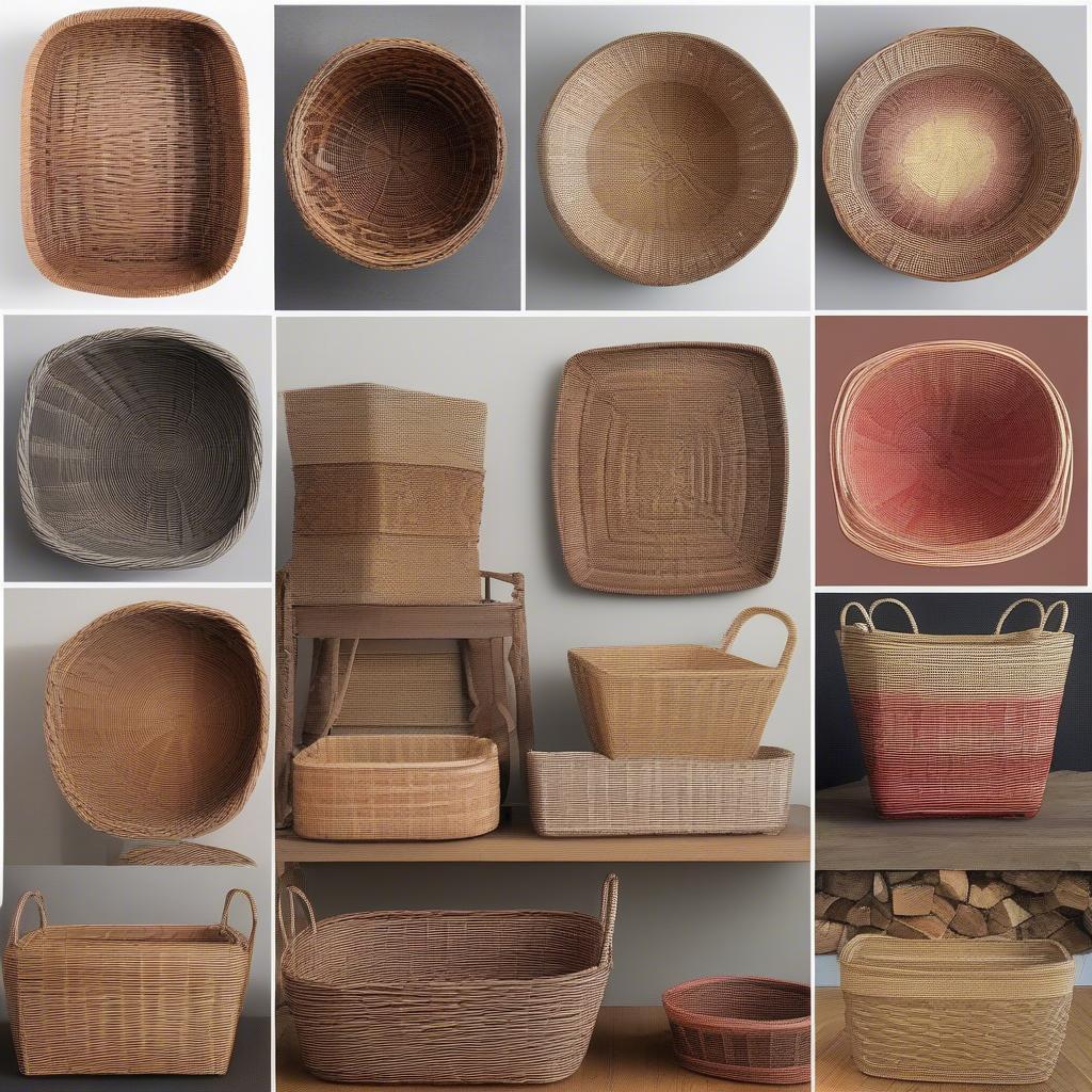 Various styles of wicker baskets for firewood storage, showcasing different shapes, sizes, and weaving patterns.