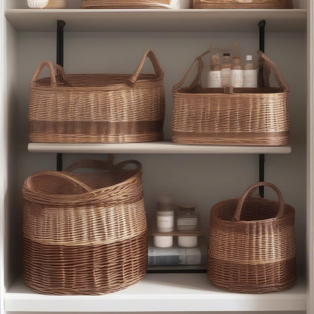 Different styles of wicker baskets arranged on shelves, showcasing their versatility in home decor.