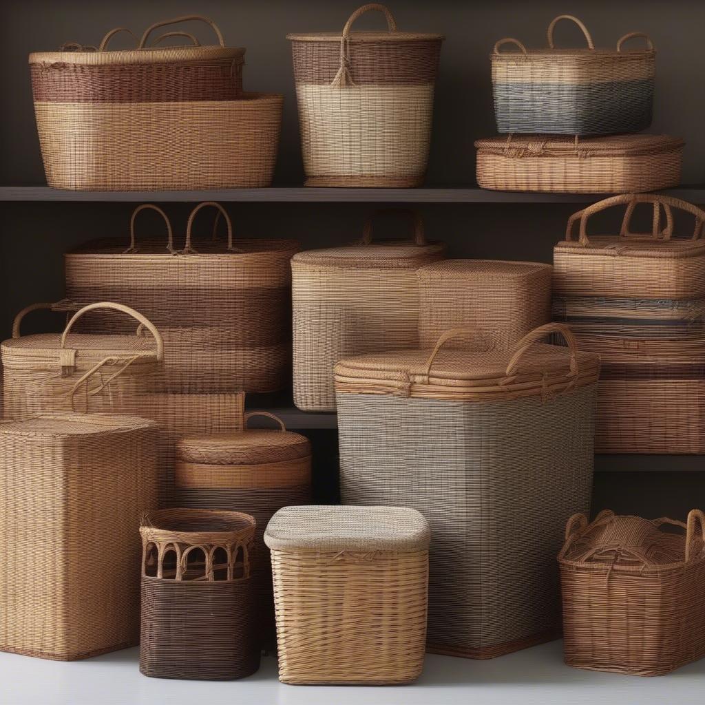 Various styles and sizes of wicker baskets displayed together, highlighting the different textures, weaves, and shapes available for kitchen cabinet storage.