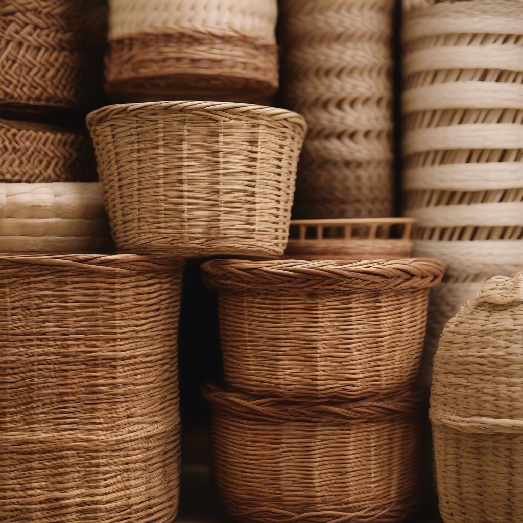 Close-up of various wicker basket weaves, highlighting the differences in texture and tightness for different storage needs in the kitchen.