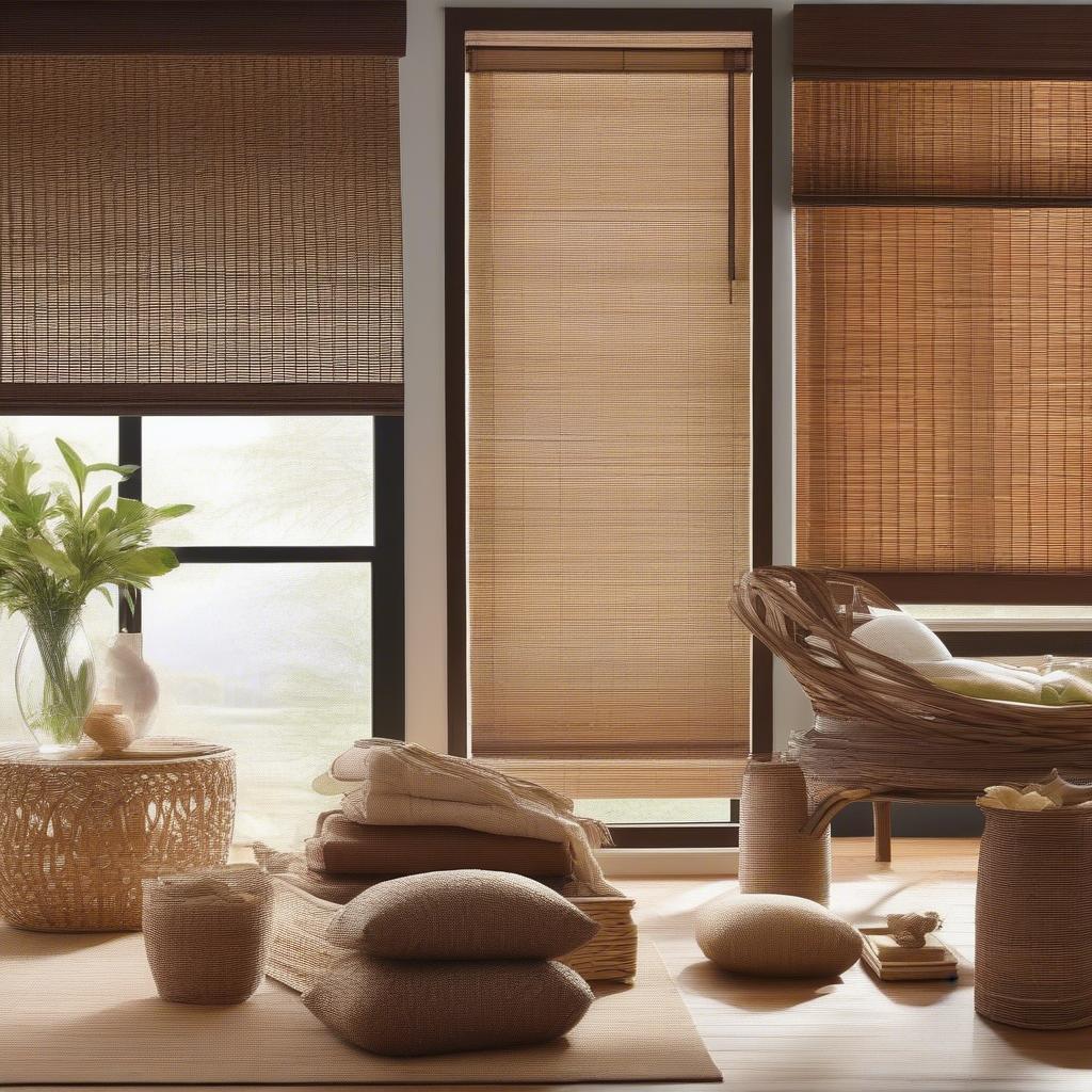 Various styles of wicker blinds, including woven wood, bamboo, and matchstick.