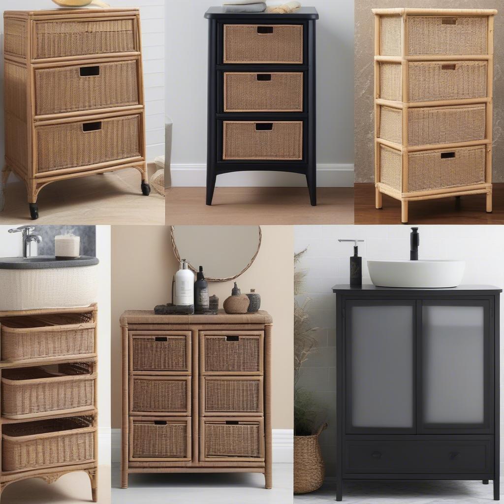 Various styles of wicker cabinets for bathroom storage