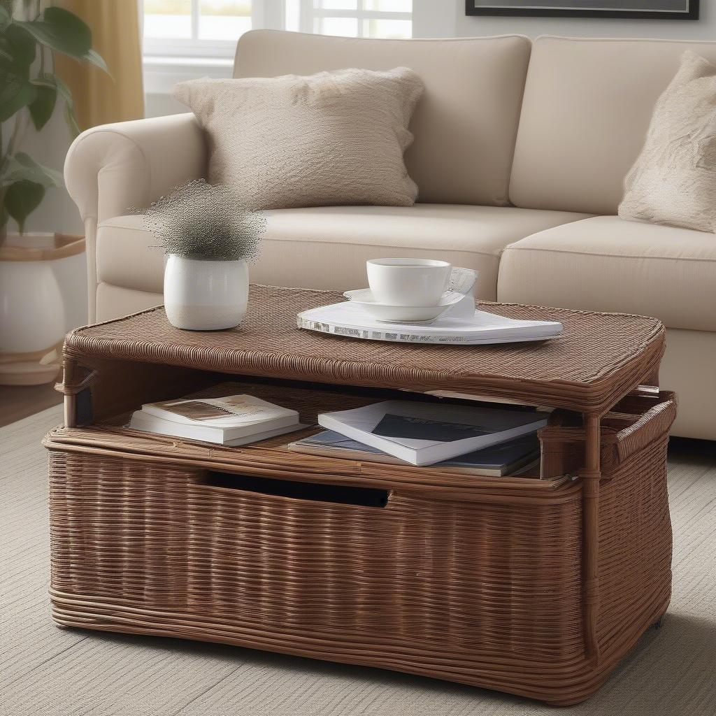 Various wicker coffee table storage options showcasing different storage solutions like drawers, lift-top lids, and open shelves.