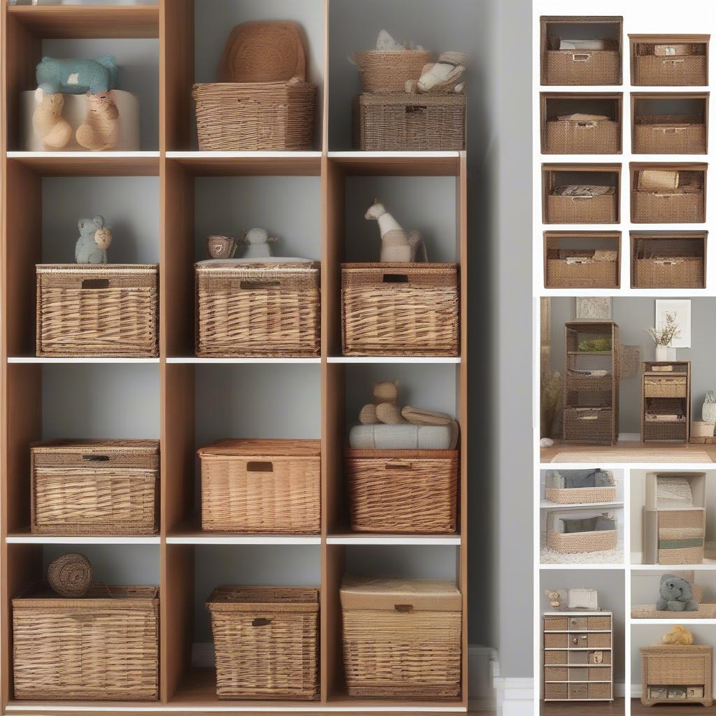 Various styles of wicker cubby storage units, showcasing different sizes, designs, and number of cubbies.