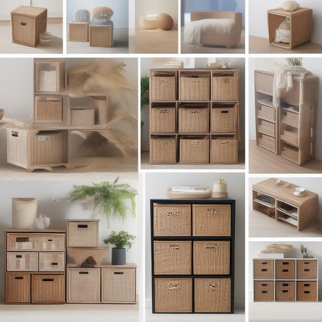 Various styles of wicker cube storage shelves, highlighting different sizes, finishes, and configurations.