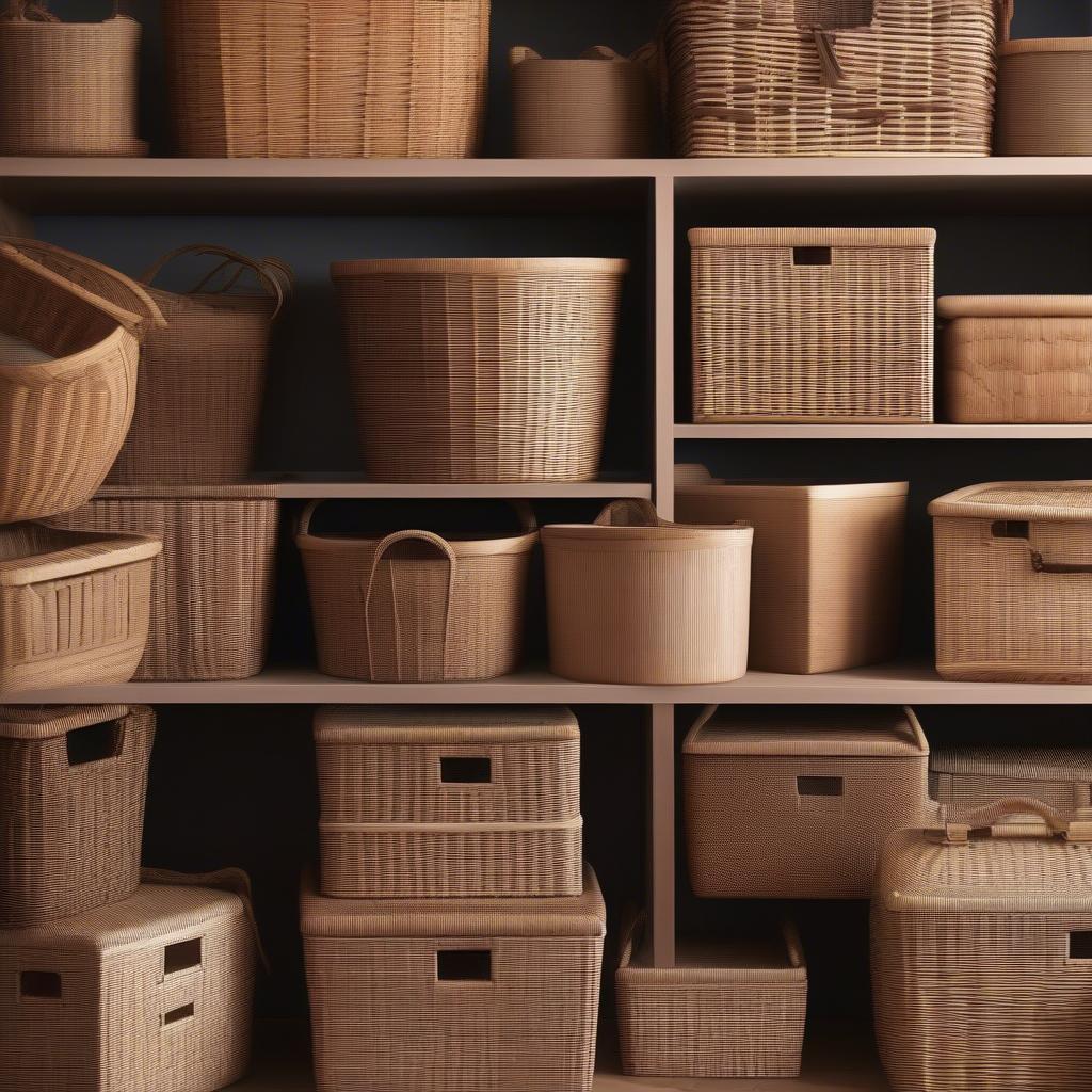 Different styles of wicker file storage baskets