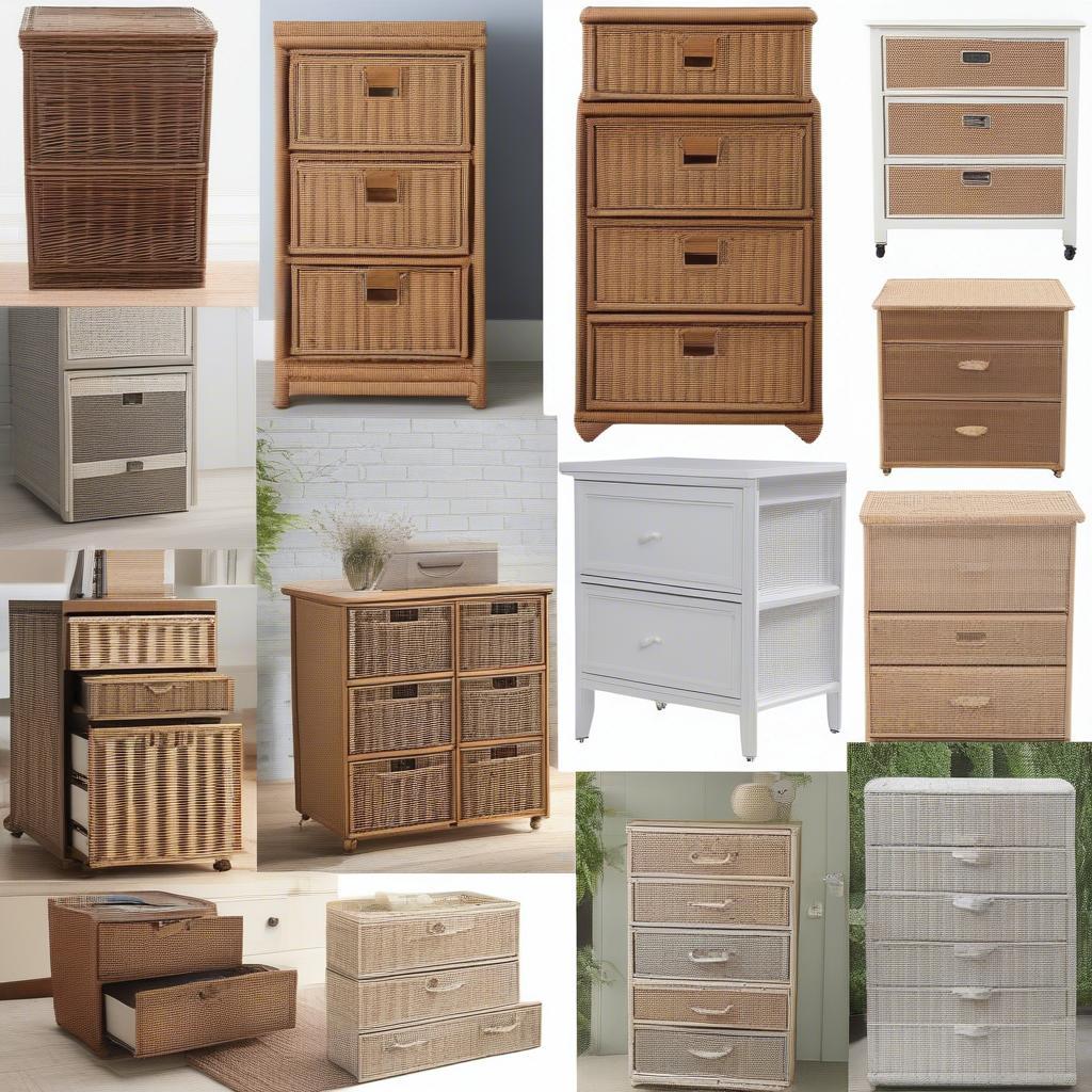 Various styles of wicker file cabinets