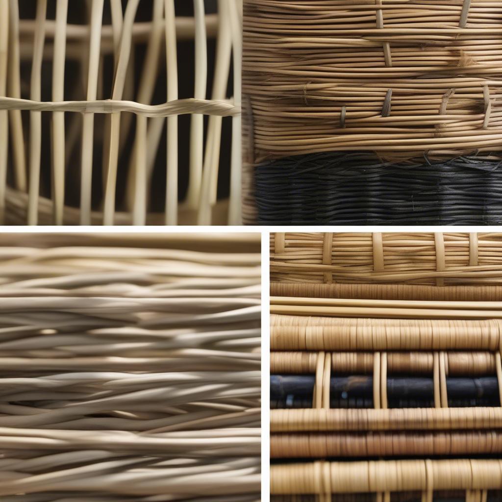 Close-up view of different wicker materials used in basket weaving, including rattan, willow, and seagrass.