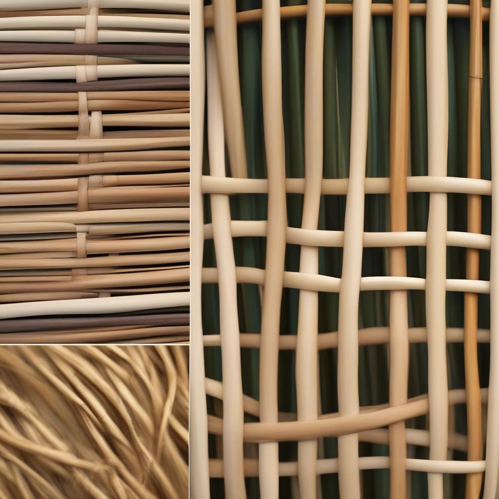 Close-up of different wicker materials: rattan, willow, and seagrass, showcasing their textures and colors.