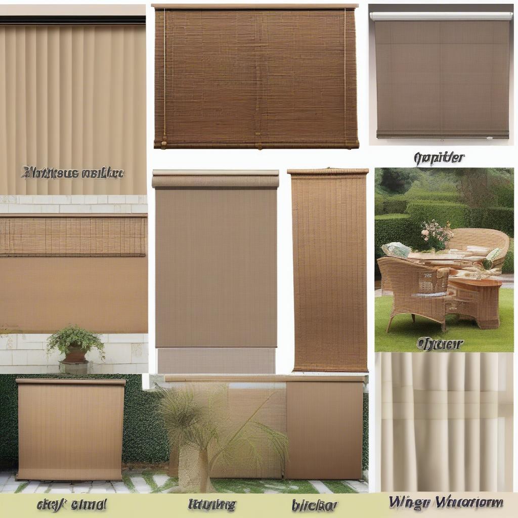 Various styles of wicker patio blinds, including roll-up, Roman, and folding panels.