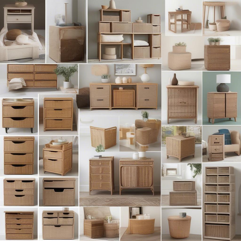 Various wicker and rattan storage units with drawers showcasing different styles and sizes.